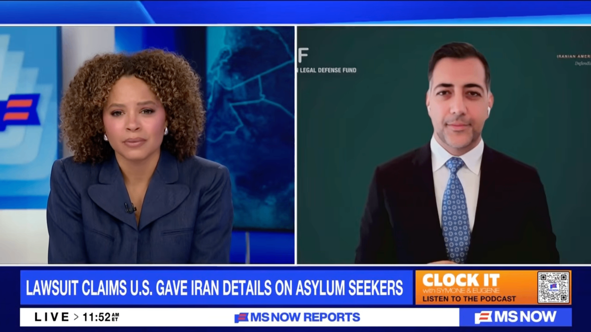 MSNBC MS Now Reports live broadcast split-screen: anchor and IALDF representative. Lower third reads 'Lawsuit claims U.S. gave Iran details on asylum seekers.'